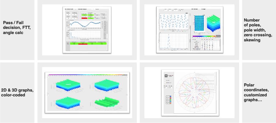 SENIS Mapper software showing pass/fail decision, pole count, pole width, zero crossings, skewing and 2D/3D field graphs